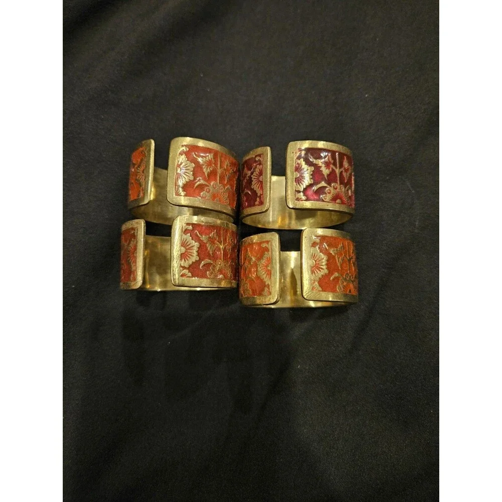 Vintage Japanese Brass and Red Enamel Napkin Rings (4)